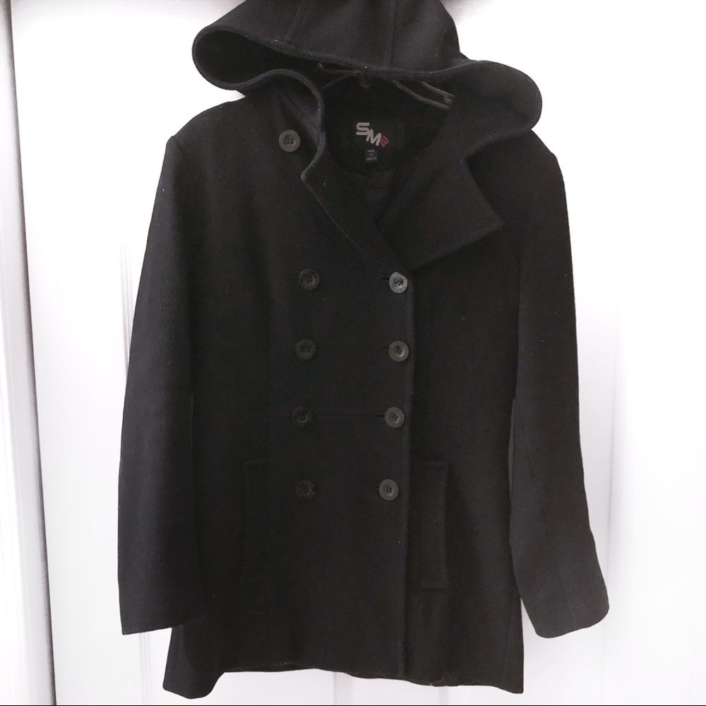 Black Hooded Double Breasted Pea Coat Jacket sz S